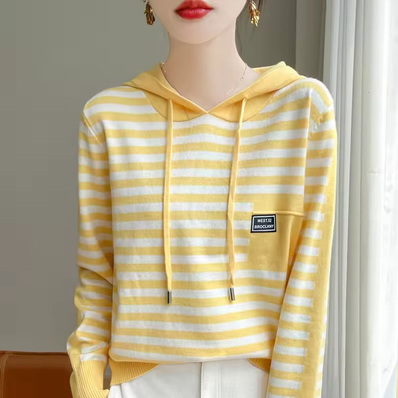 Pull À Capuche Femme Décontracté En Maille Mélange Coton Rayé Avec Poignets En Côtes