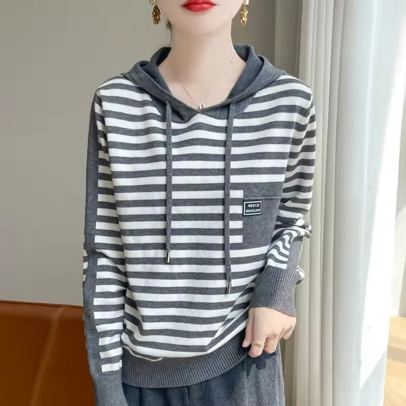 Pull À Capuche Femme Décontracté En Maille Mélange Coton Rayé Avec Poignets En Côtes