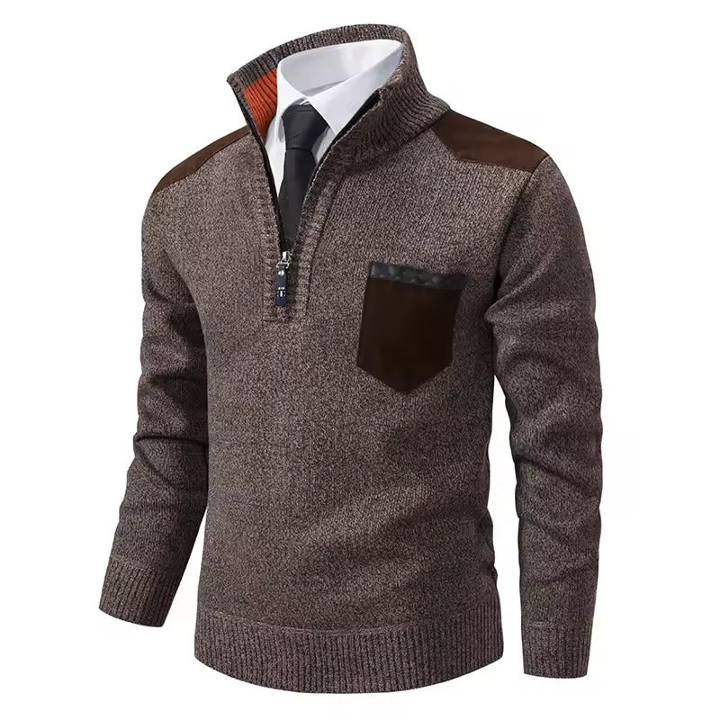 Pull En Laine Pour Homme Demi Zip Avec Patchs Sur Torse Et Épaules Coupe Regular