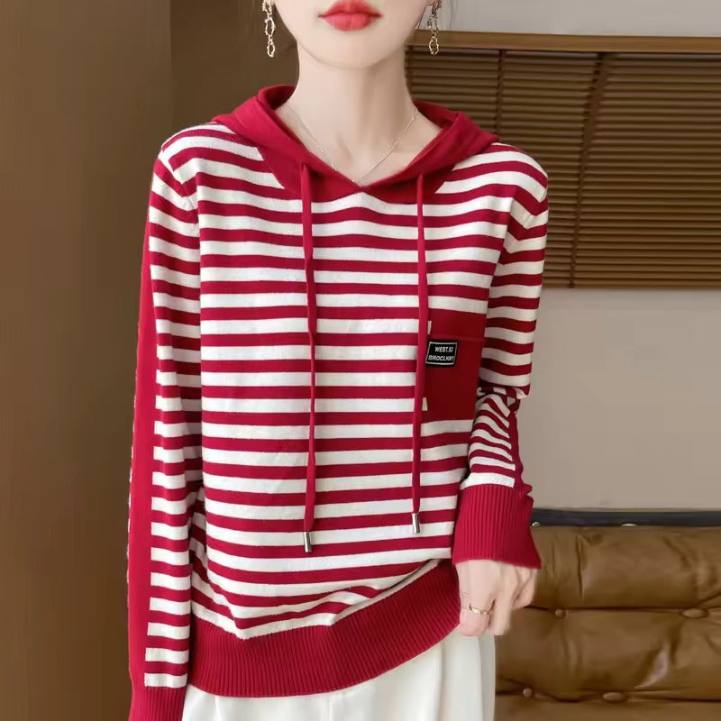 Pull À Capuche Femme Décontracté En Maille Mélange Coton Rayé Avec Poignets En Côtes
