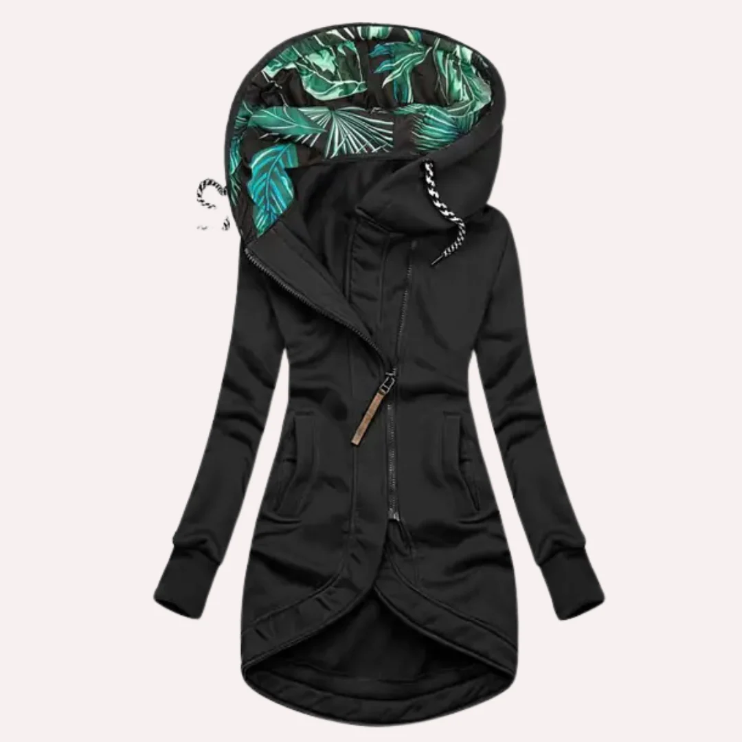Veste Polaire Pour Femmes Slim Fit Capuche Doublure Imprimée Fermeture Éclair Asymétrique Nordisk Flair