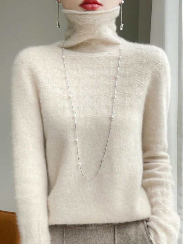 Pull Col Roulé Femme Slim Fit En Laine Mélange Avec Maille Creuse Design Moderne