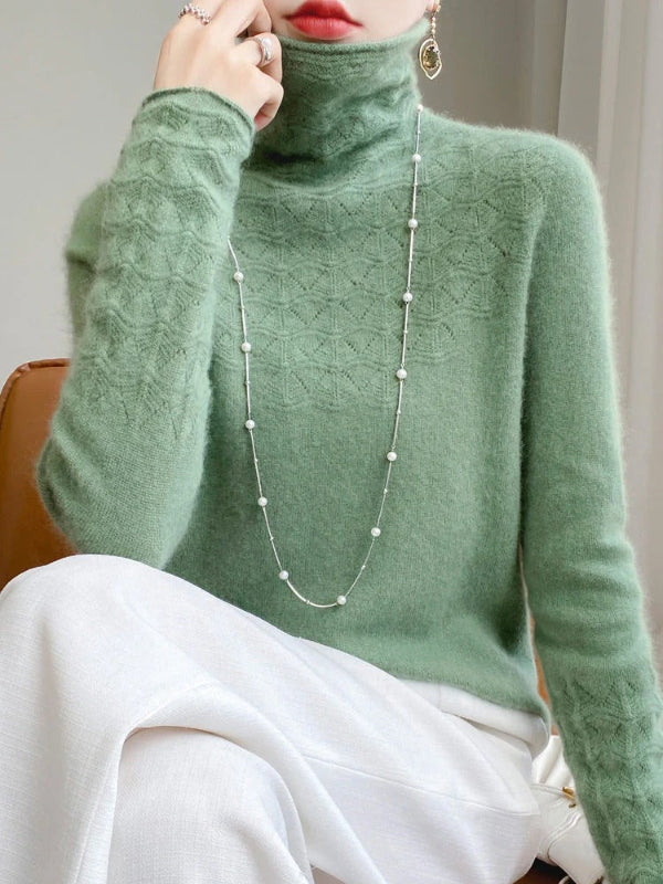 Pull Col Roulé Femme Slim Fit En Laine Mélange Avec Maille Creuse Design Moderne