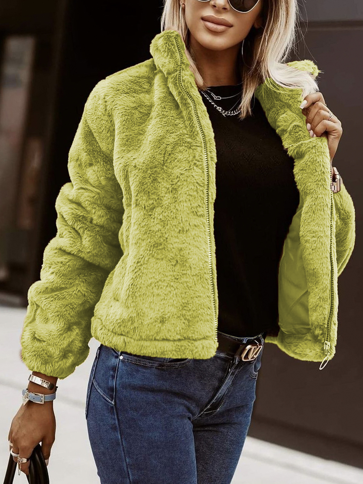 Cardigan Femme En Faux Cuir Texture Peluche Fermeture Éclair Devant Col Montant Coupe Décontractée