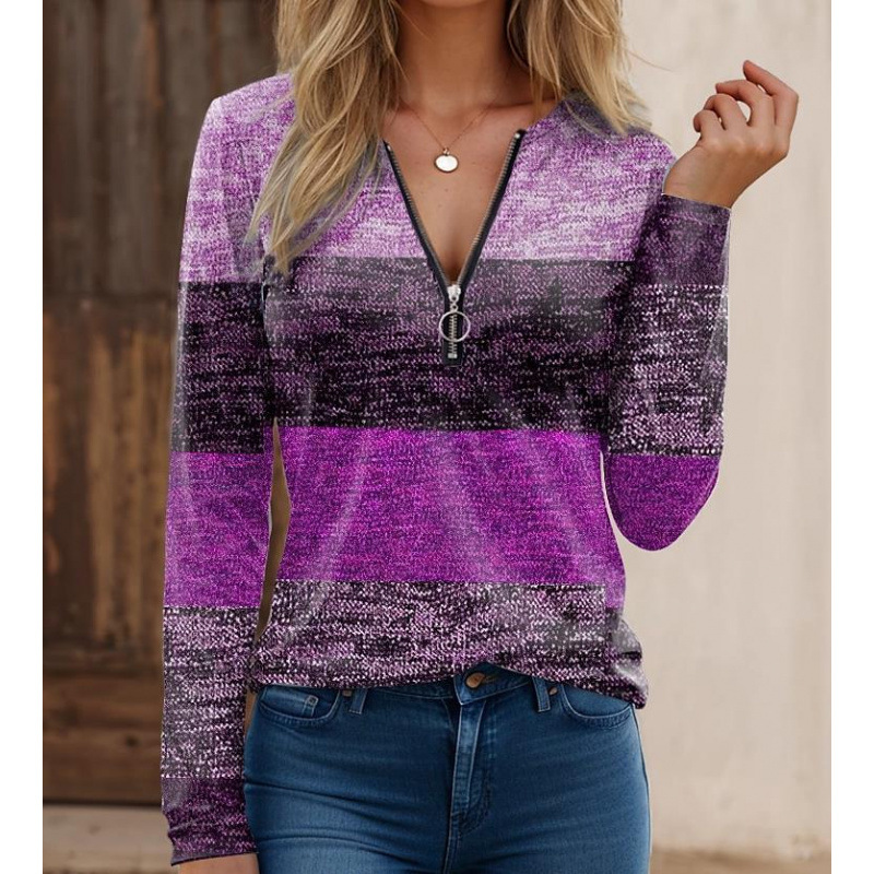 Chemisier Femme Manches Longues En Maille Col Zippé Imprimé Rayures Empiècements Coupe Classique