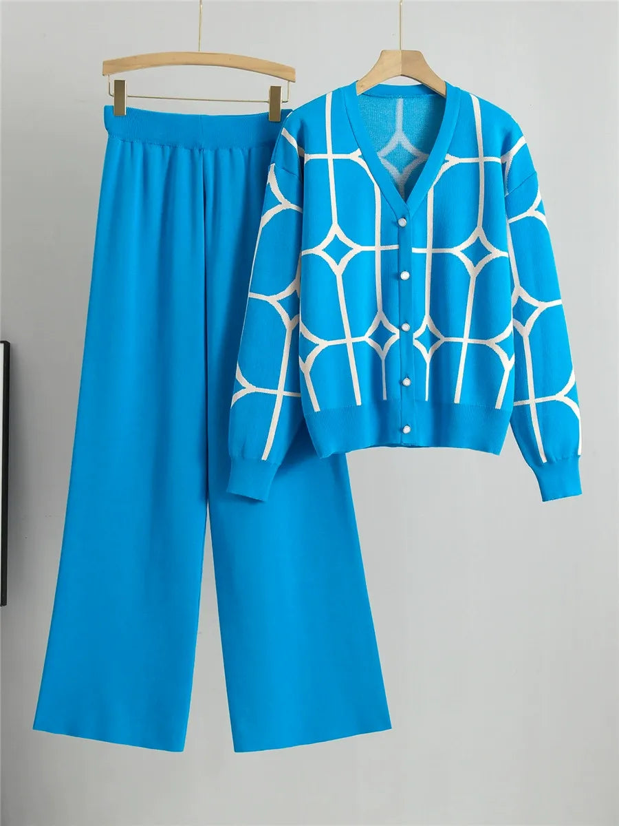 Ensemble Cardigan Deux Pièces en Maille Femme à Coupe Décontractée et Longueur Crop Encolure V Motif Géométrique