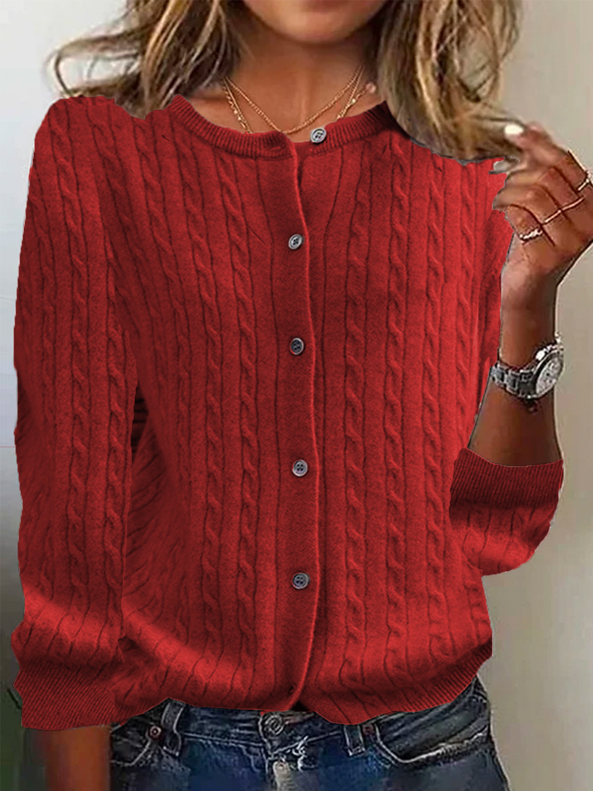 Cardigan Femmes En Laine Maille Pull Décontracté Avec Motif Cable Bouton Devant Manche Longue