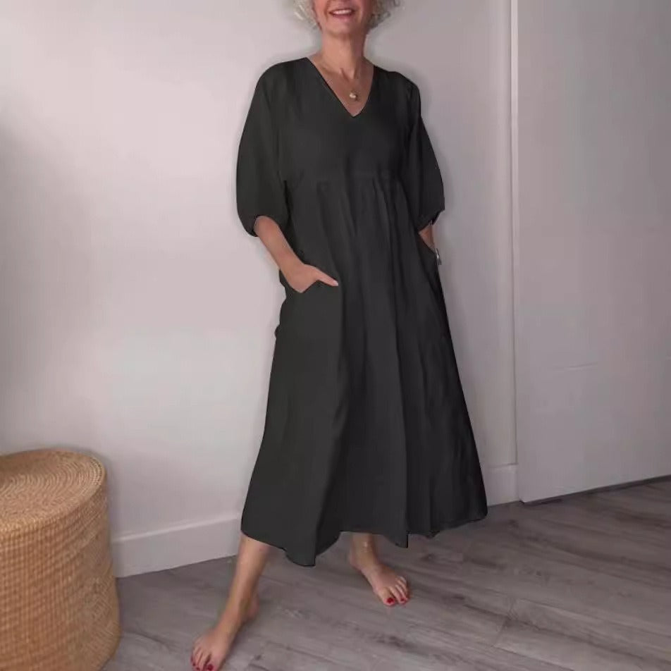 Robe Midi Femme Amawinc En Coton Lin Coupe Décontractée Décolleté Profond En V Poches Manches À Poignets