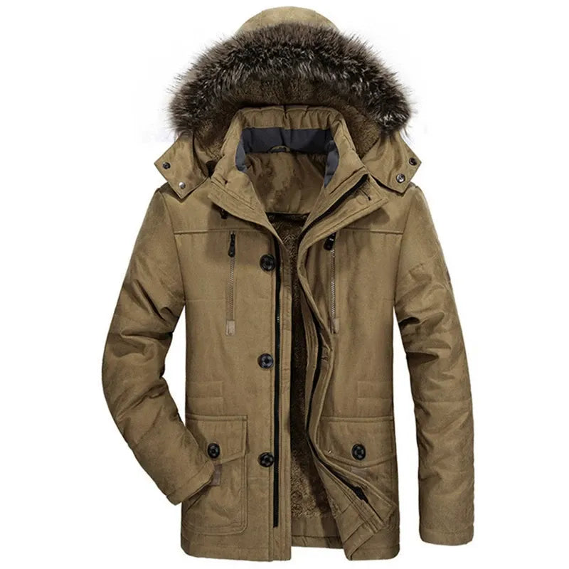 Parka Homme Coupe Regular Doublure Peluche Capuche Détachable Fourrure Synthétique Milieu Long Manteau Hivernal
