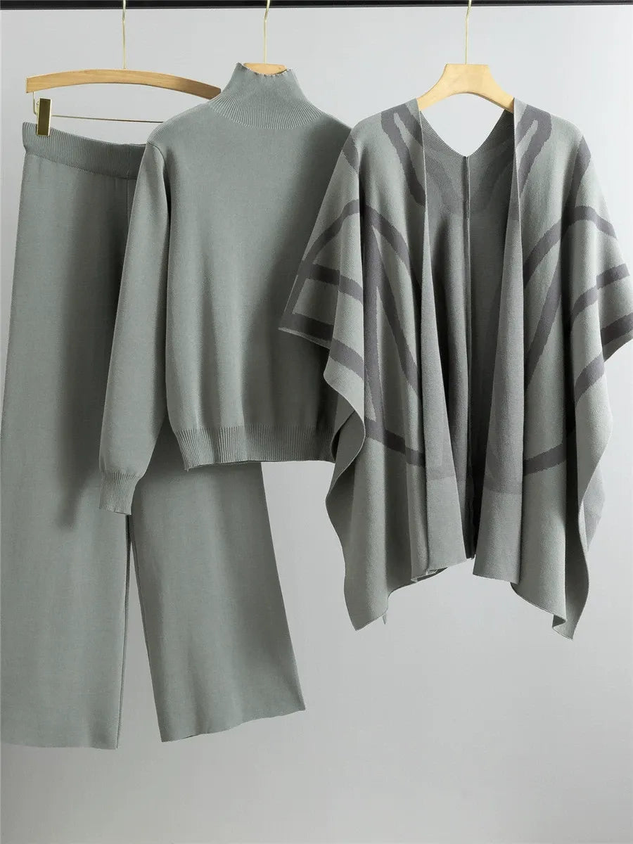 Ensemble Trois Pièces Cape Châle Tricoté Pour Femme Avec Col Roulé Et Pantalon Motif Géométrique Coupe Décontractée