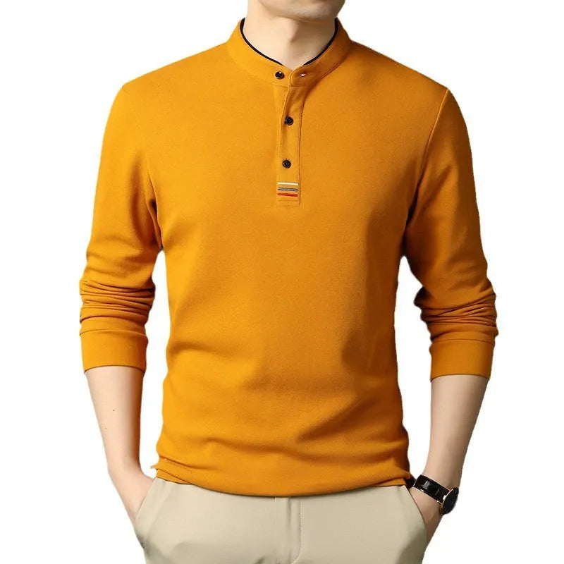 Amawinc Nordisk Flair T Shirt Homme Manches Longues en Coton Col Montant et Patte de Boutonnage Coupe Regular