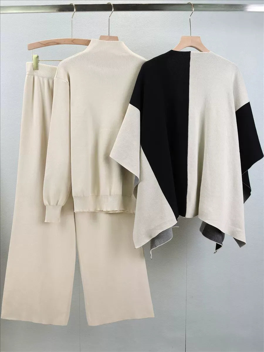 Ensemble Tricot Trois Pièces Pour Femme Pull Col Montant Pantalon Large Évasé Cape Intégrée
