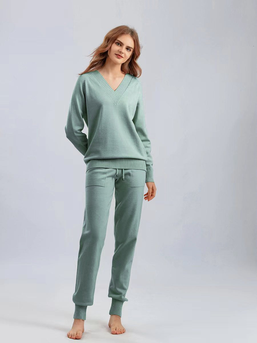 Ensemble De Détente En Maille Pour Femmes Pull Col En V Pantalons Jogger À Coupe Décontractée Bords Côtés