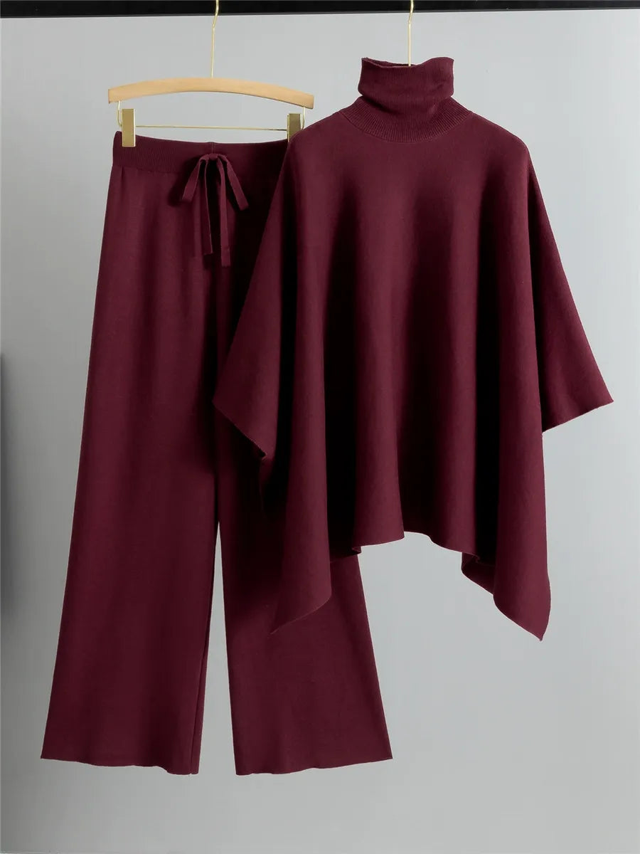 Ensemble Tricot Deux Pièces Femmes Haut Cape À Col Montant Pantalon Évasé À Jambes Larges Coupe Décontractée