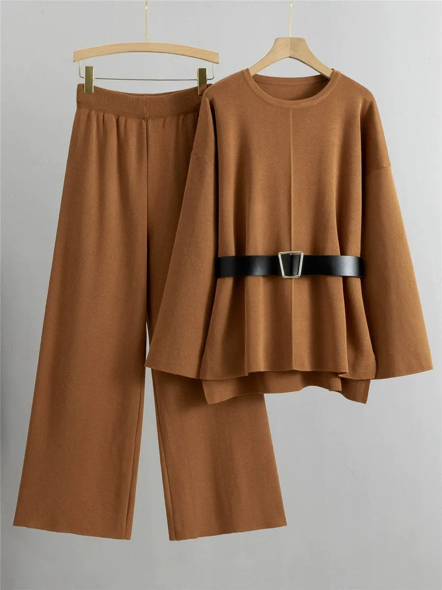 Ensemble Deux Pièces Pour Femme Pull En Tricot À Manches Évasées Et Pantalon Taille Haute À Jambes Larges