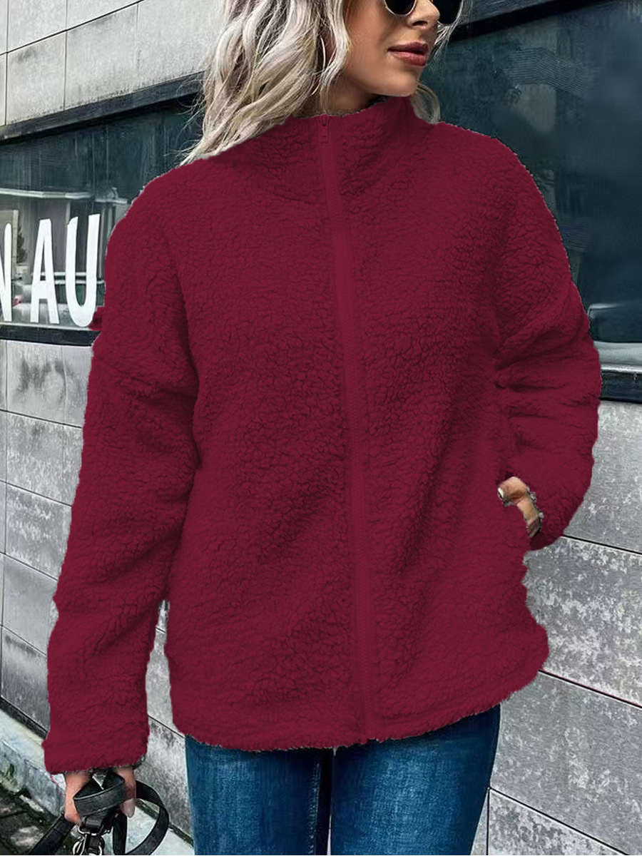 Manteau En Polaire Pour Femmes Coupe Oversized Mélange Laine Et Polaire Col Montant Manches Longues Fermeture Éclair