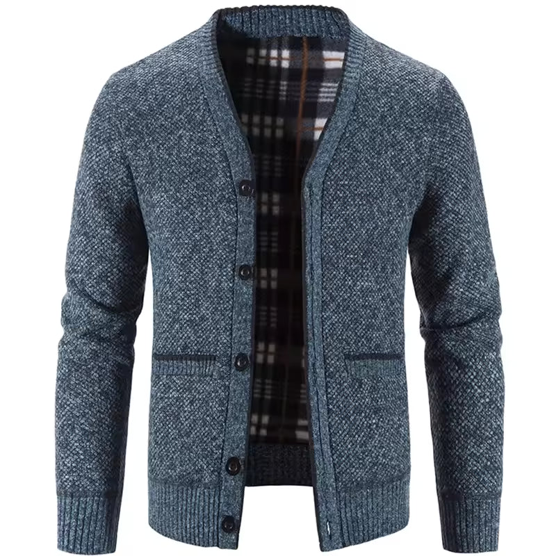 Cardigan Tricot Homme Mélange Laine Doublure Polaire Ajustée Poches Bouton Front Carreaux Nordisk Flair