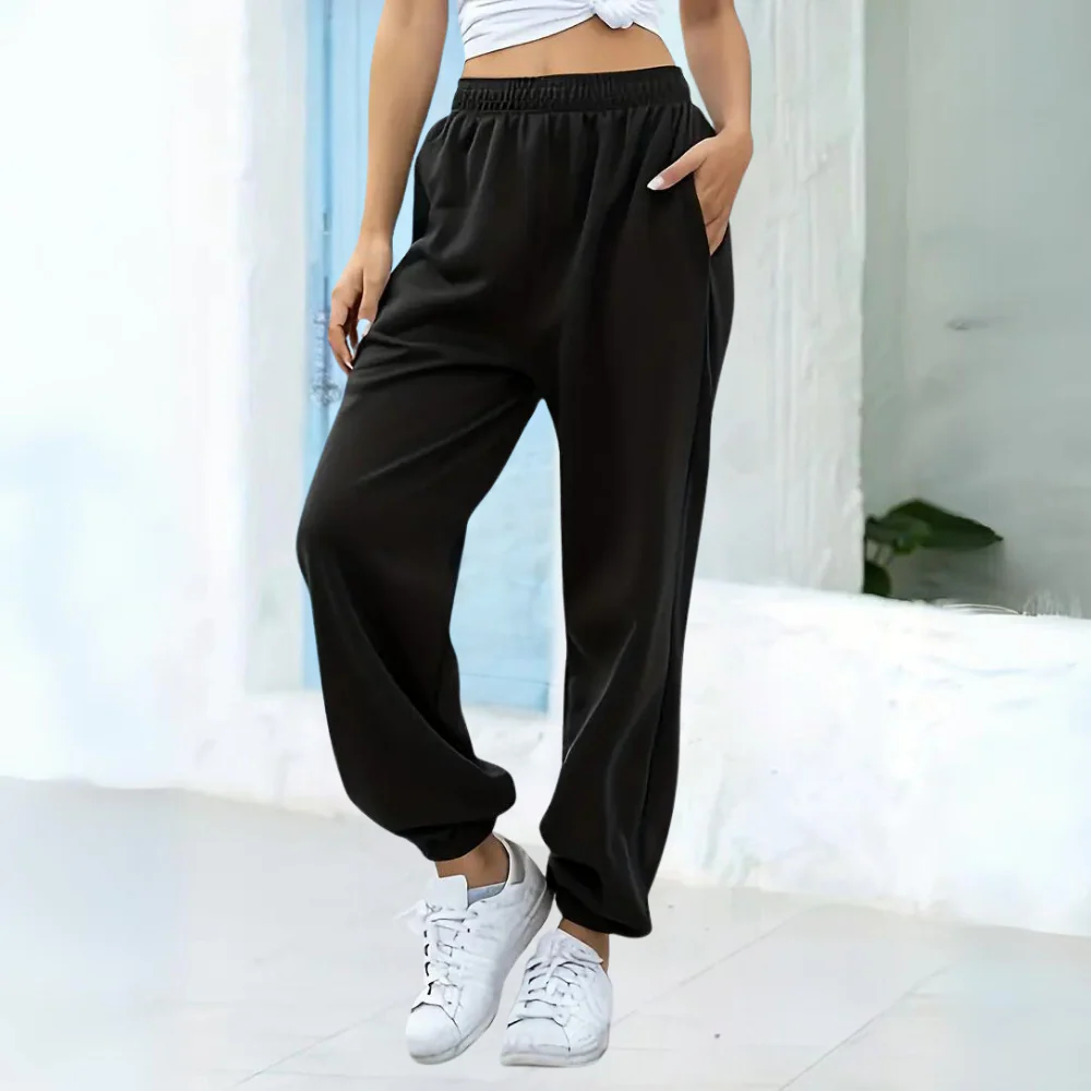 Pantalon De Jogging Femme Coupe Décontractée Mélange Coton Taille Élastique Poignets Côtelés À La Cheville Avec Poches