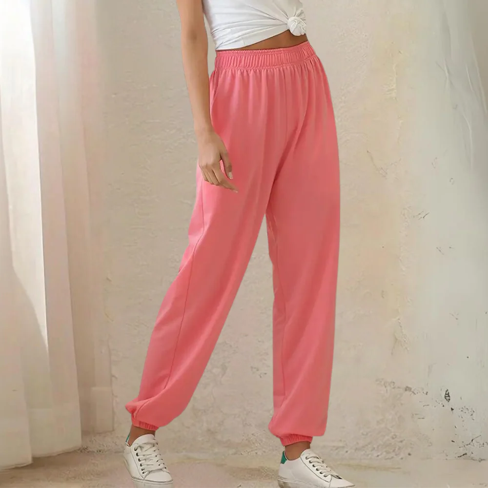 Pantalon De Jogging Femme Coupe Décontractée Mélange Coton Taille Élastique Poignets Côtelés À La Cheville Avec Poches