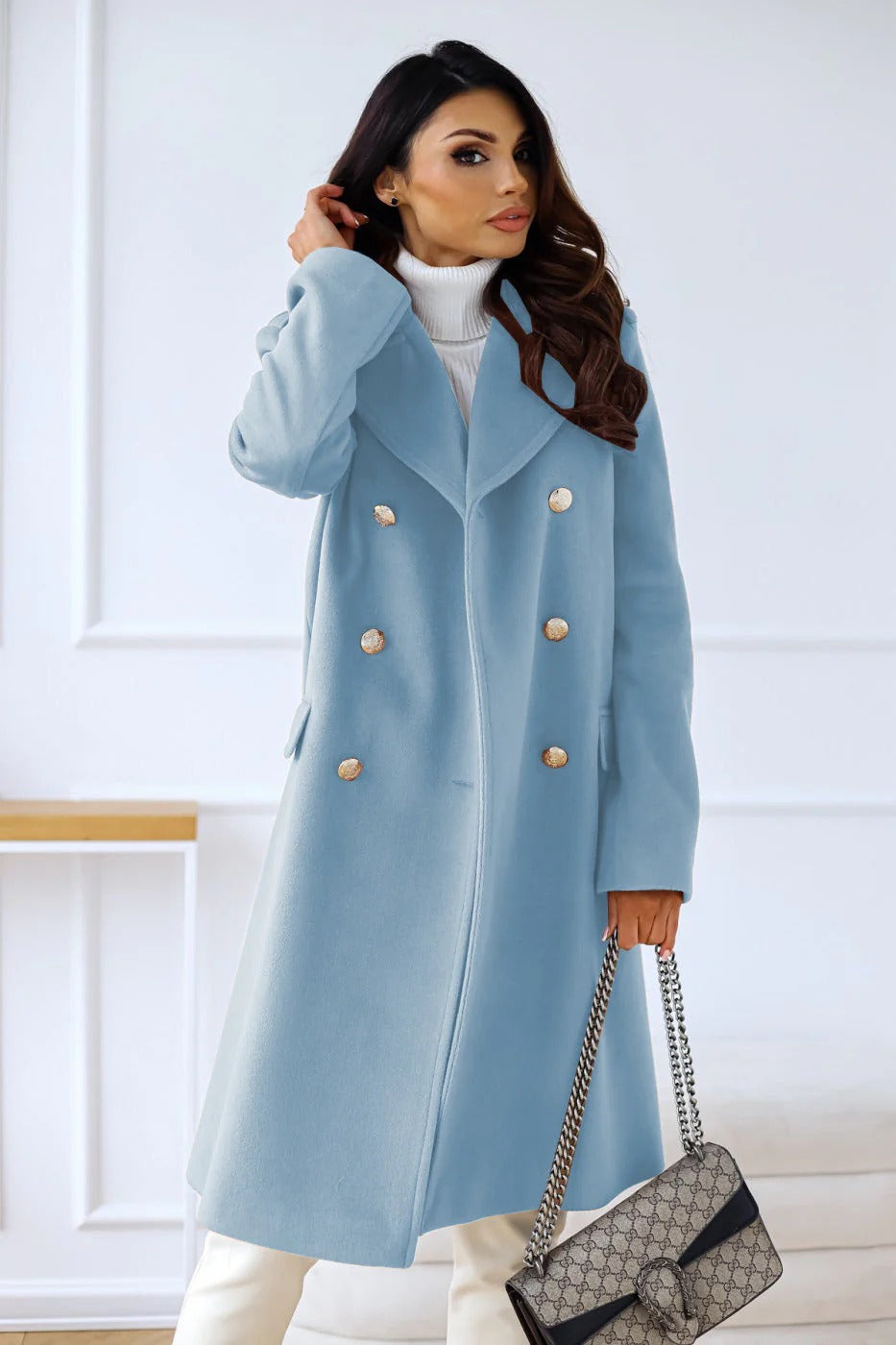 Manteau Long Pour Femme En Laine Mélangée Camel Double Boutonnage Coupe Tailorée Revers Cranté