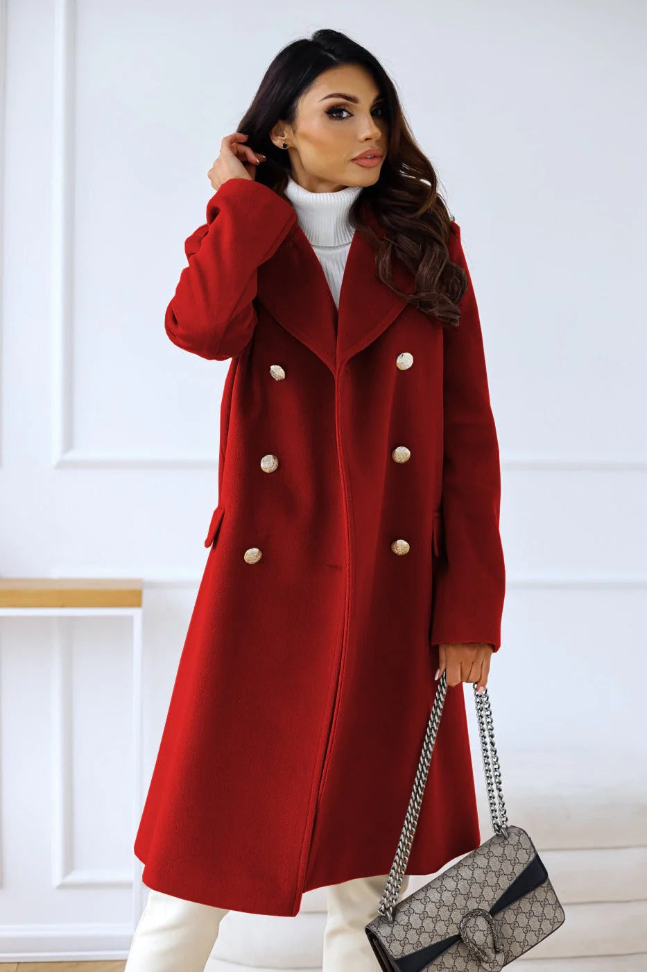Manteau Long Pour Femme En Laine Mélangée Camel Double Boutonnage Coupe Tailorée Revers Cranté