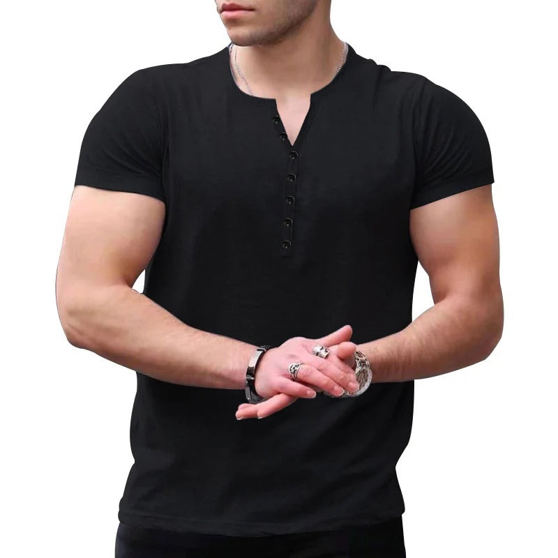 Amawinc T Shirt Homme Henley Slim Fit Maille Douce À Manches Courtes Style Décontracté Quotidien