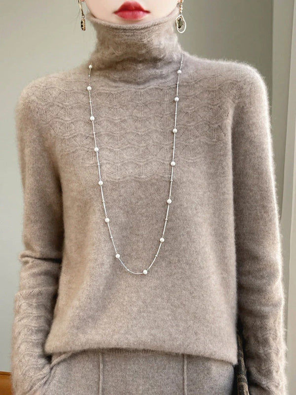 Pull Col Roulé Femme Slim Fit En Laine Mélange Avec Maille Creuse Design Moderne