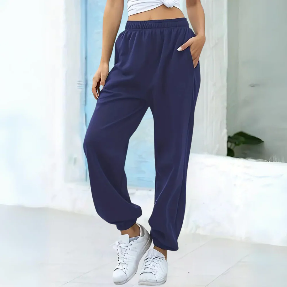 Pantalon De Jogging Femme Coupe Décontractée Mélange Coton Taille Élastique Poignets Côtelés À La Cheville Avec Poches