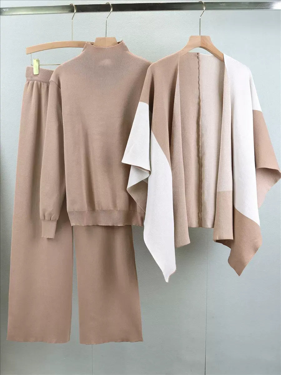 Ensemble Tricot Trois Pièces Pour Femme Pull Col Montant Pantalon Large Évasé Cape Intégrée