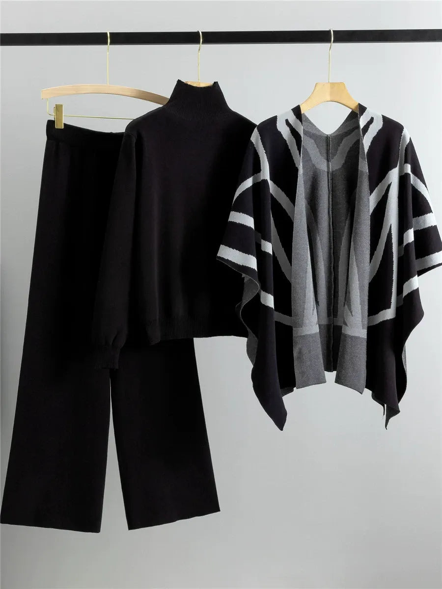 Ensemble Trois Pièces Cape Châle Tricoté Pour Femme Avec Col Roulé Et Pantalon Motif Géométrique Coupe Décontractée