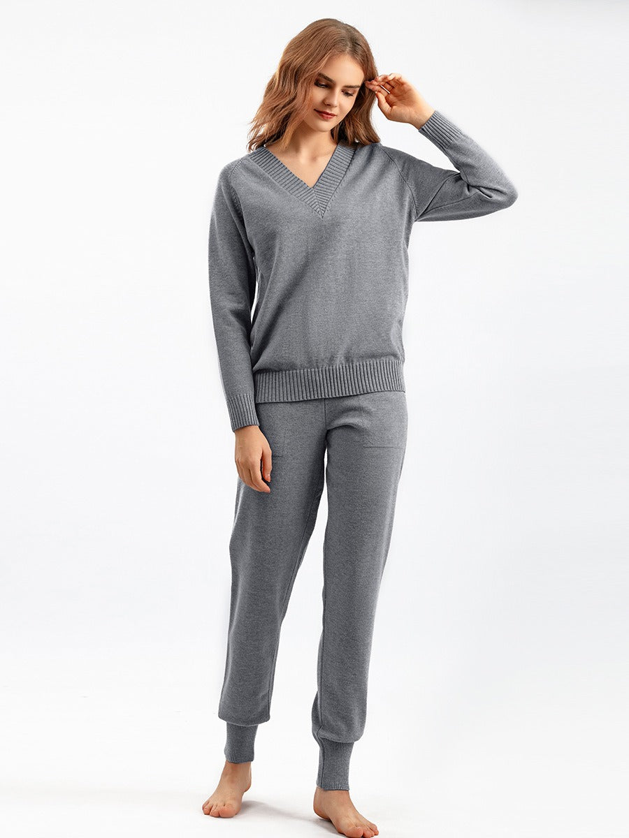 Ensemble De Détente En Maille Pour Femmes Pull Col En V Pantalons Jogger À Coupe Décontractée Bords Côtés