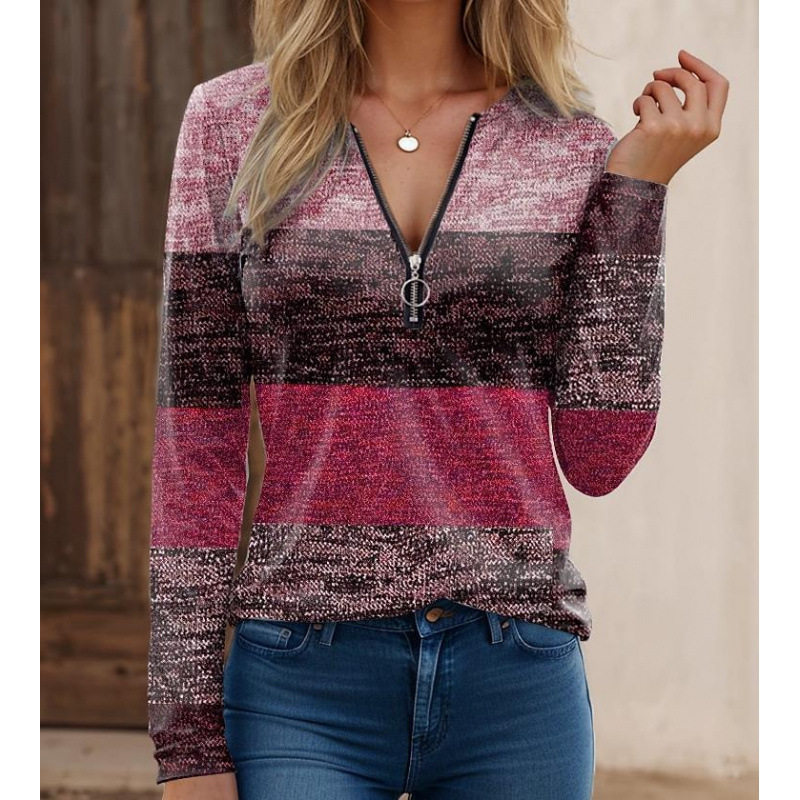 Chemisier Femme Manches Longues En Maille Col Zippé Imprimé Rayures Empiècements Coupe Classique