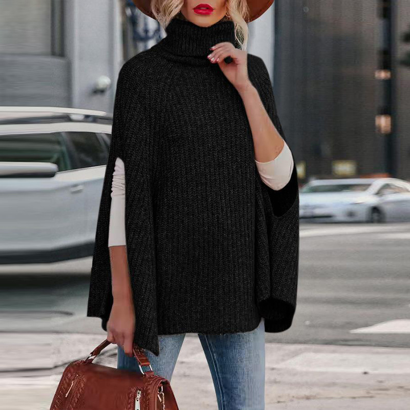 Cape Femme Ample en Maille Laine Mélangée Col Haut avec Fentes aux Manches Confort Chic pour Automne Hiver
