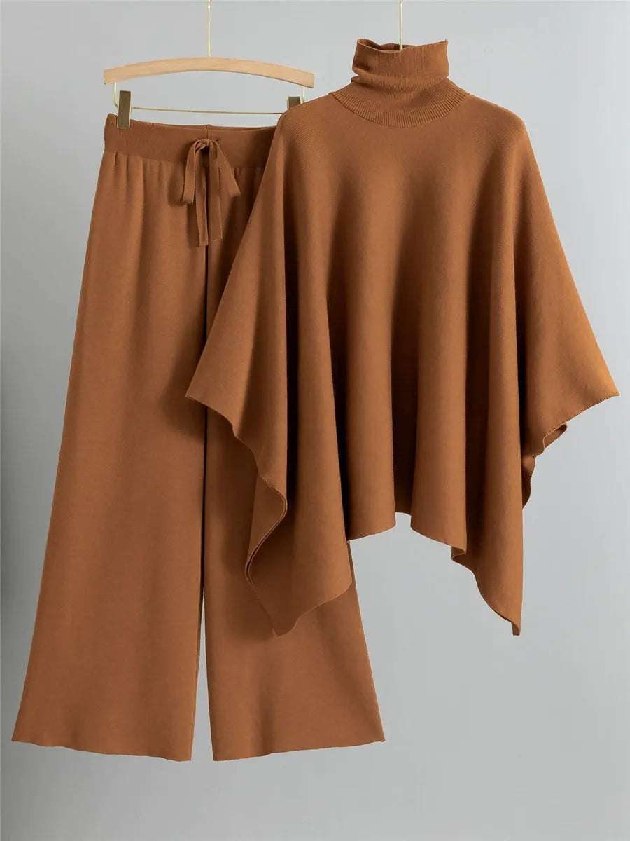 Ensemble Tricot Deux Pièces Femmes Haut Cape À Col Montant Pantalon Évasé À Jambes Larges Coupe Décontractée