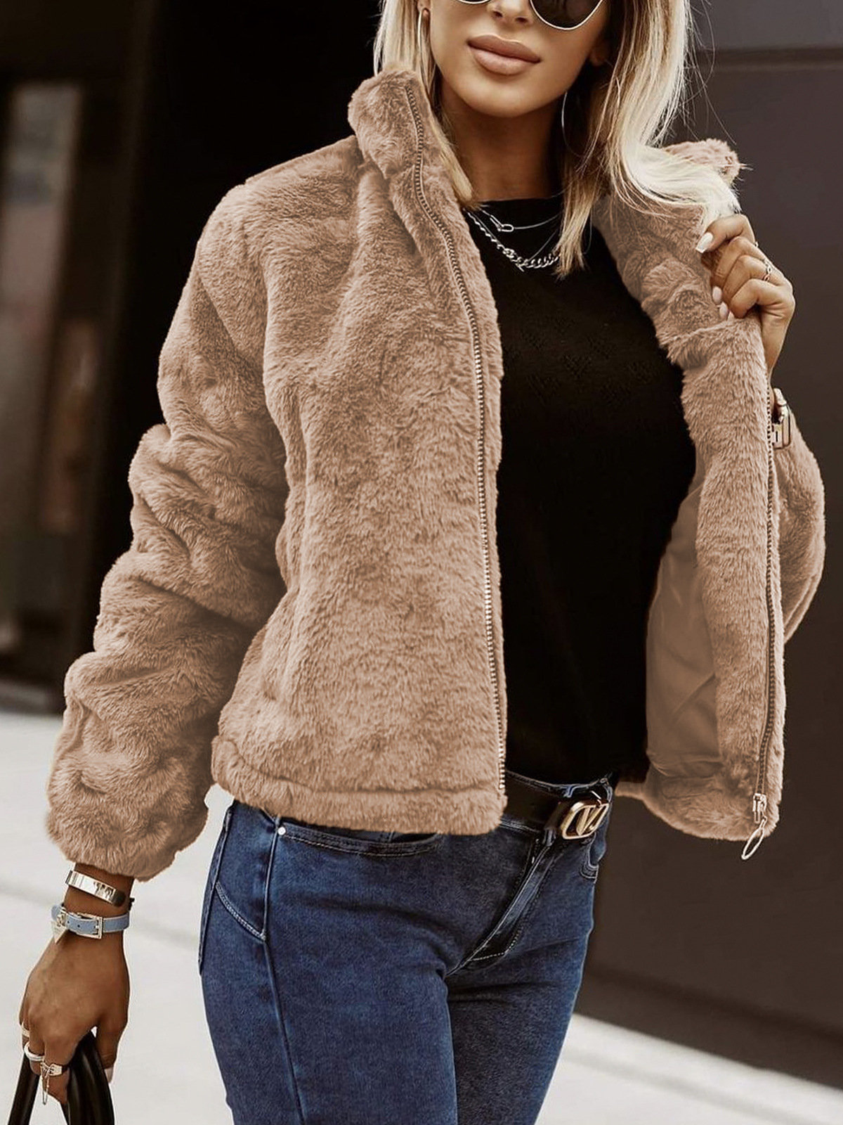 Cardigan Femme En Faux Cuir Texture Peluche Fermeture Éclair Devant Col Montant Coupe Décontractée