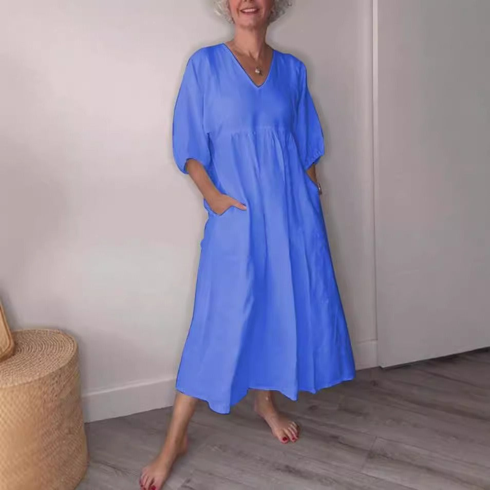 Robe Midi Femme Amawinc En Coton Lin Coupe Décontractée Décolleté Profond En V Poches Manches À Poignets