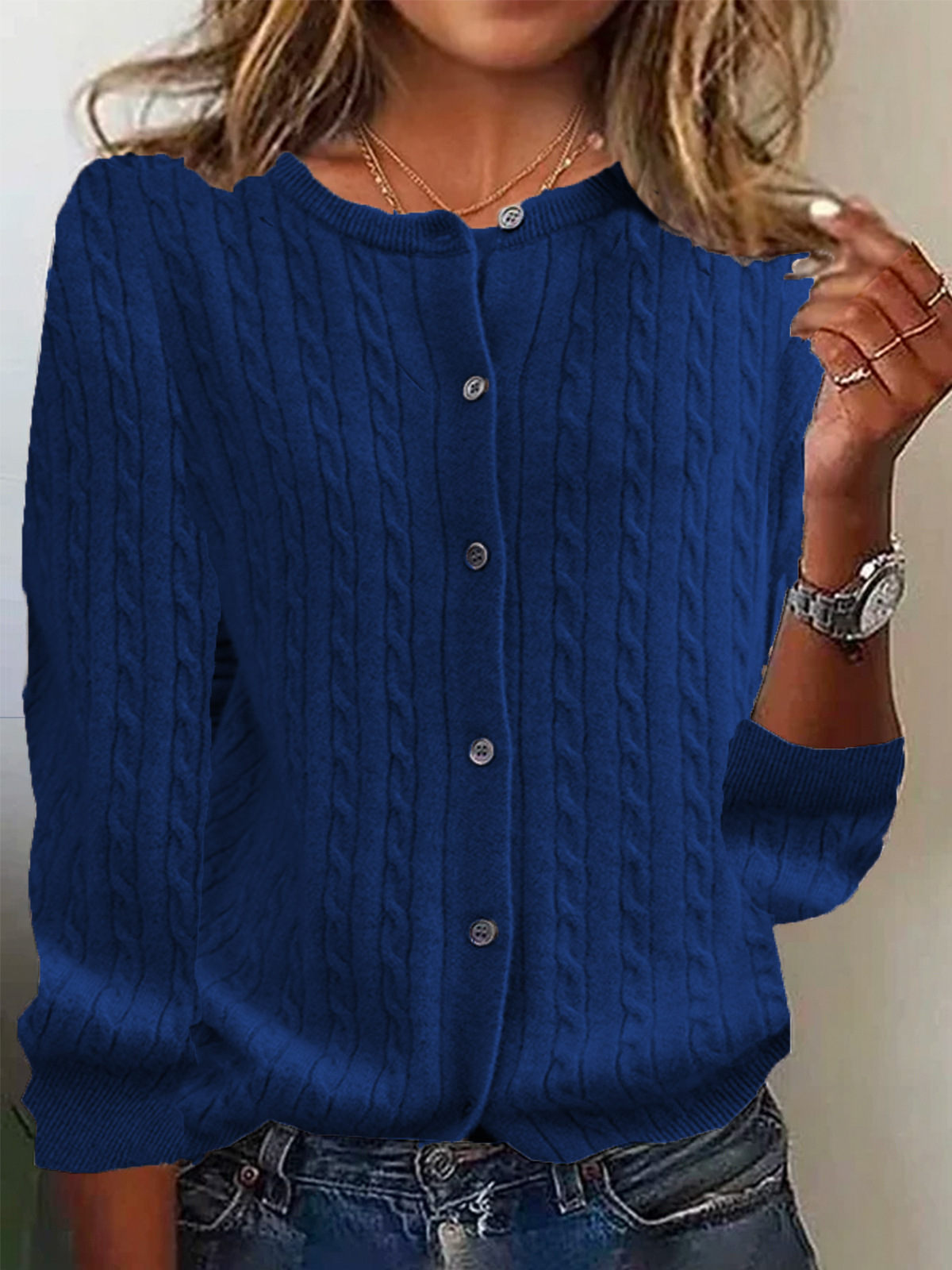 Cardigan Femmes En Laine Maille Pull Décontracté Avec Motif Cable Bouton Devant Manche Longue