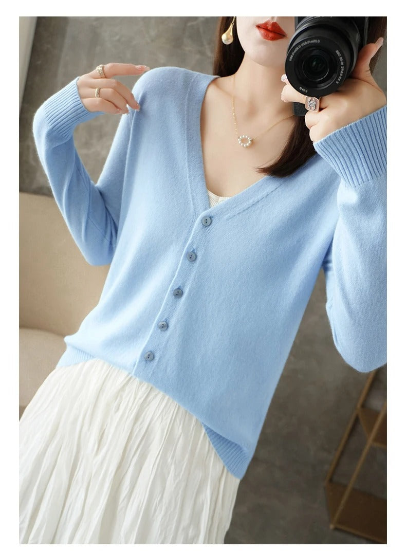 Cardigan Femme Mélange De Laine Coupe Décontractée Col V Boutons Devant Bordures Côtelées