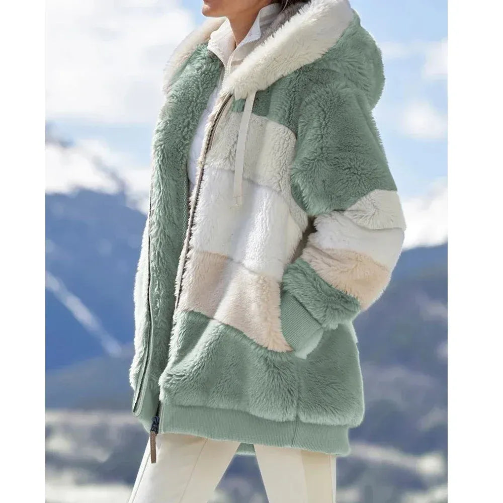 Veste Polaire Femme Oversized Texture Peluche Capuche Zip Devant Conception À Panneaux