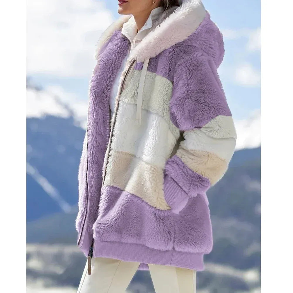 Veste Polaire Femme Oversized Texture Peluche Capuche Zip Devant Conception À Panneaux