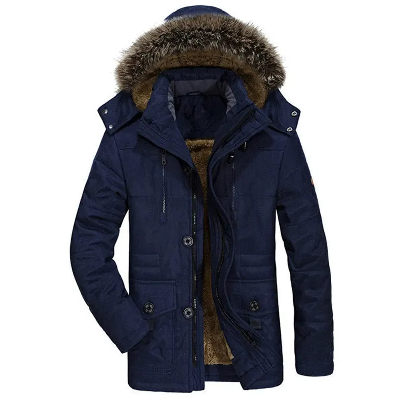 Parka Homme Coupe Regular Doublure Peluche Capuche Détachable Fourrure Synthétique Milieu Long Manteau Hivernal