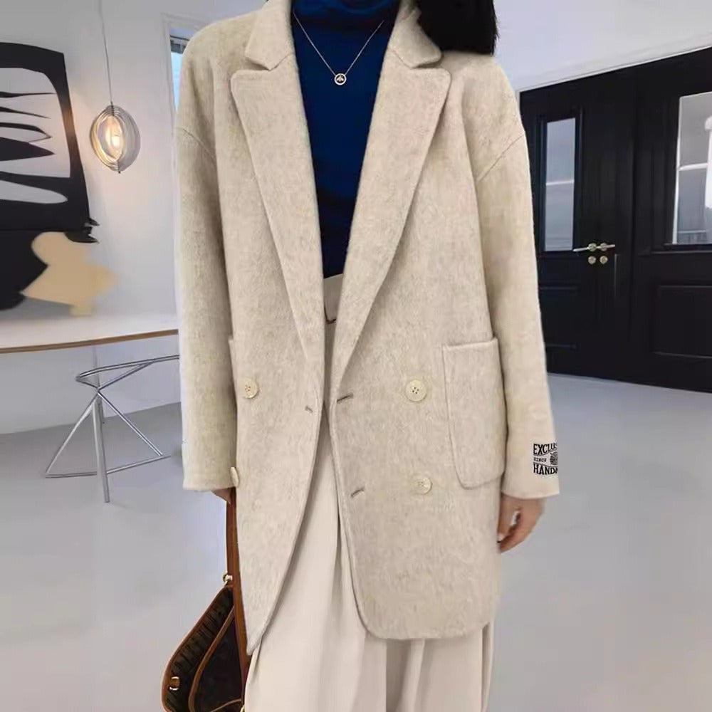 Manteau Femme En Laine À Coupe Ample Double Boutonnage Col Revers Longueur Mi Cuisses