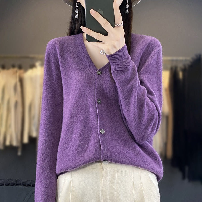 Cardigan Féminin Amawinc En Laine Tricotée Encolure V Coupe Décontractée Boutonnage Avant Manches Longues