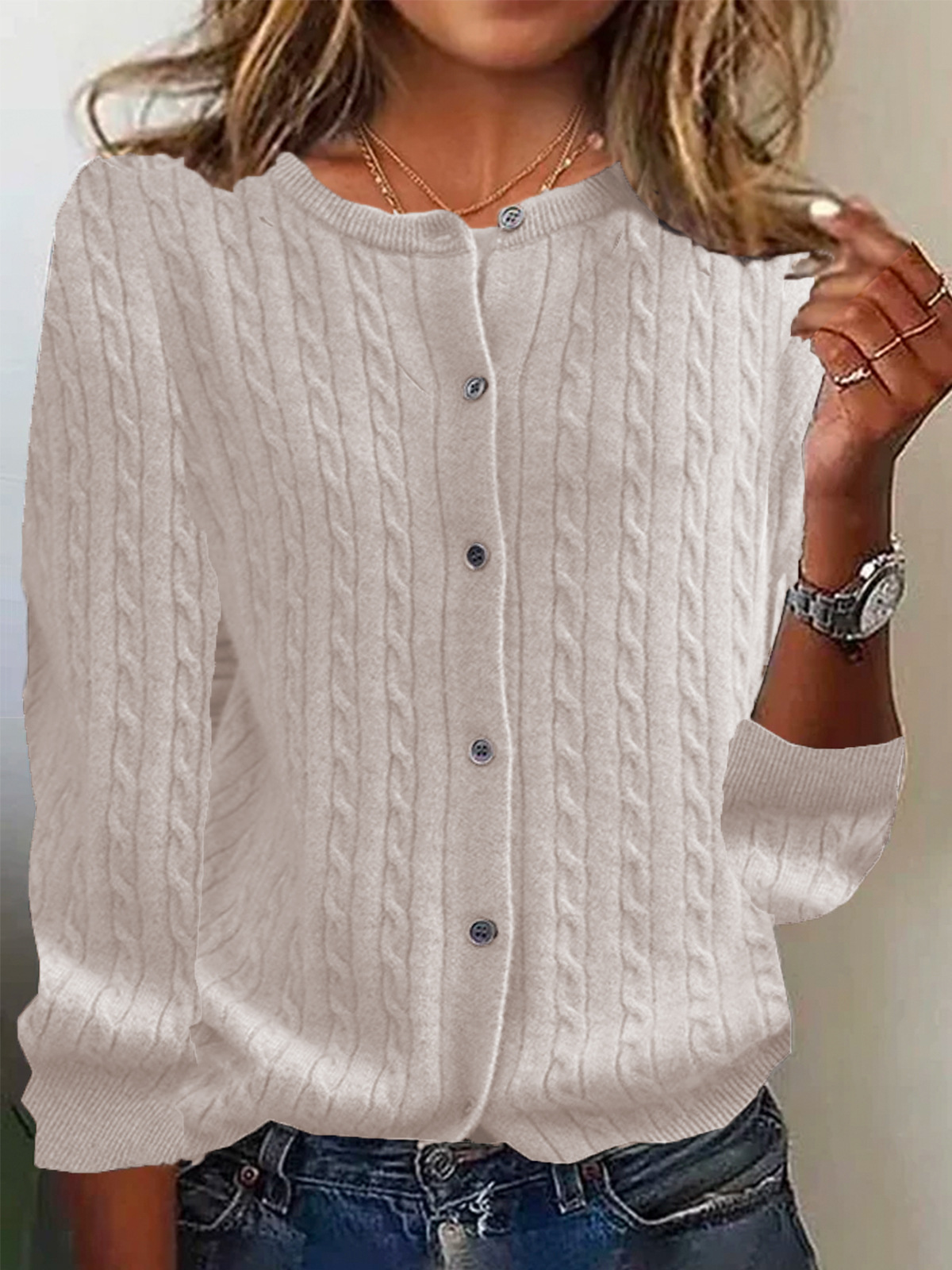 Cardigan Femmes En Laine Maille Pull Décontracté Avec Motif Cable Bouton Devant Manche Longue