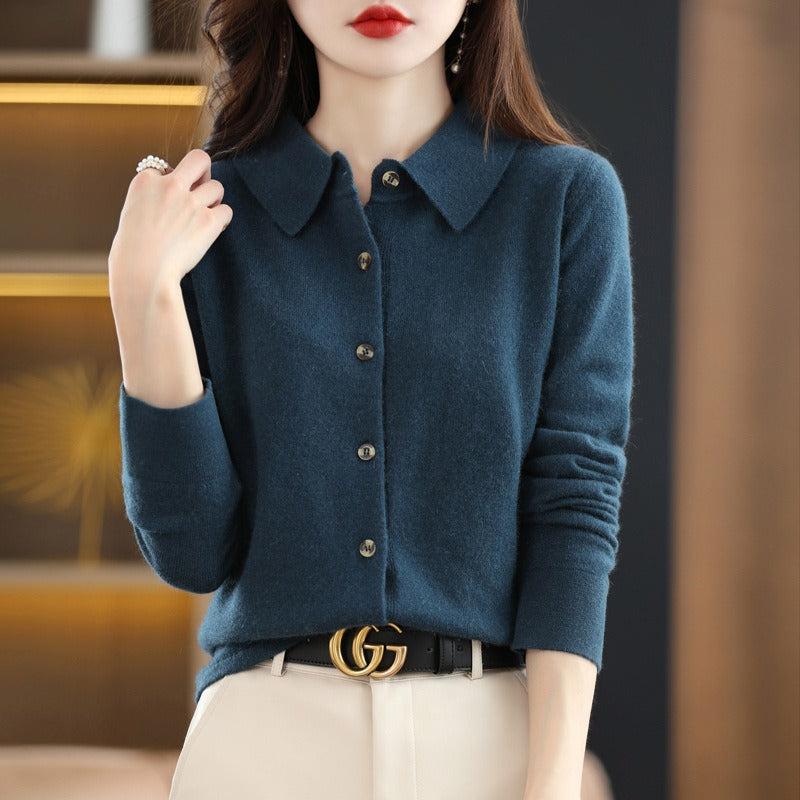 Cardigan Femme en Mélange de Laine Col Polo Boutonné Coupe Décontractée Camel Confortable