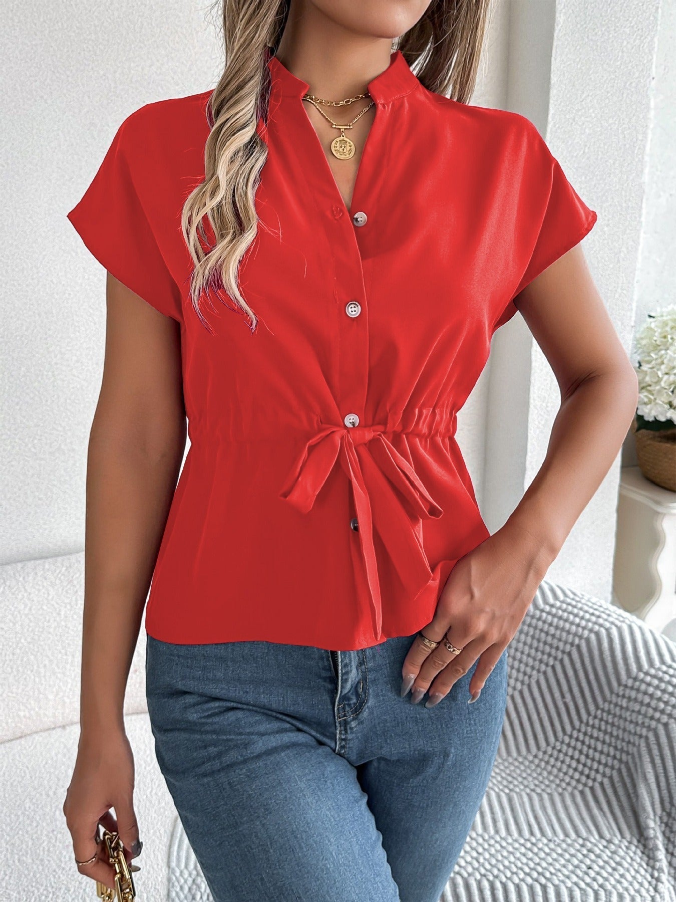 Chemise Femme À Manches Courtes Coupe Ample Col V Avec Nœud À La Taille Bouton Sur Le Devant Mélange Coton