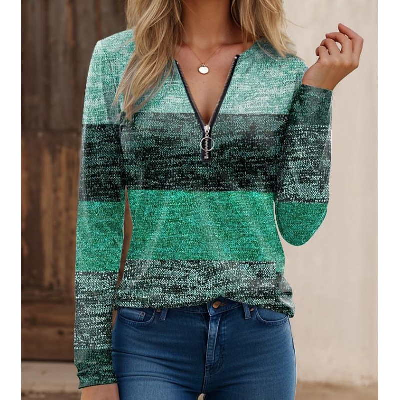 Chemisier Femme Manches Longues En Maille Col Zippé Imprimé Rayures Empiècements Coupe Classique