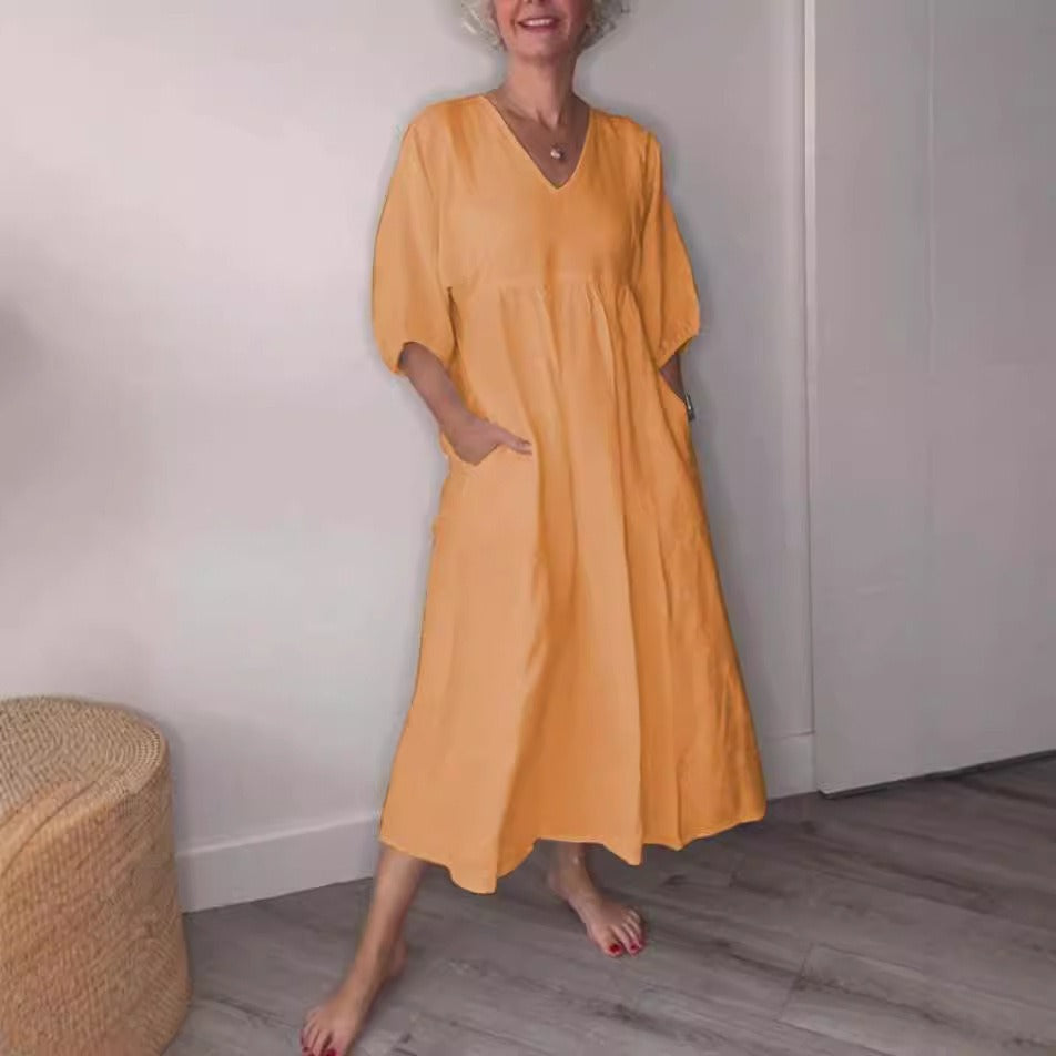 Robe Midi Femme Amawinc En Coton Lin Coupe Décontractée Décolleté Profond En V Poches Manches À Poignets