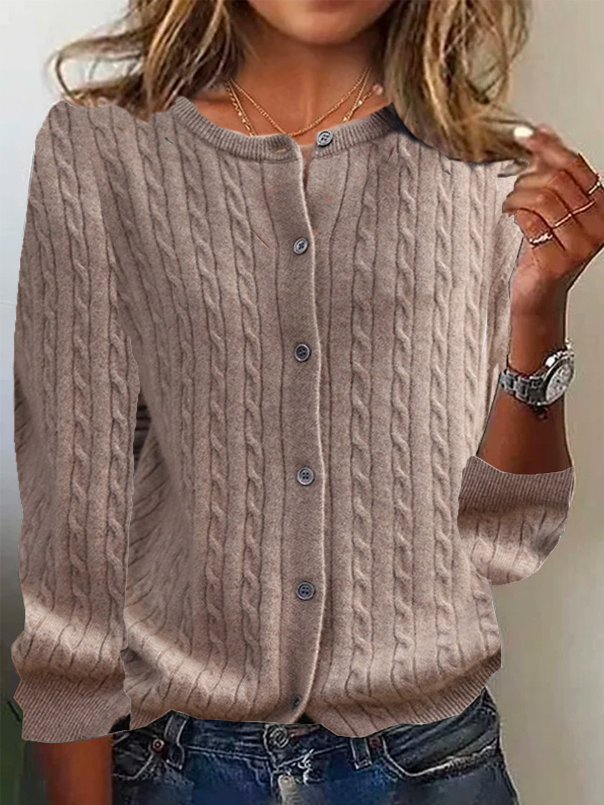 Cardigan Femmes En Laine Maille Pull Décontracté Avec Motif Cable Bouton Devant Manche Longue