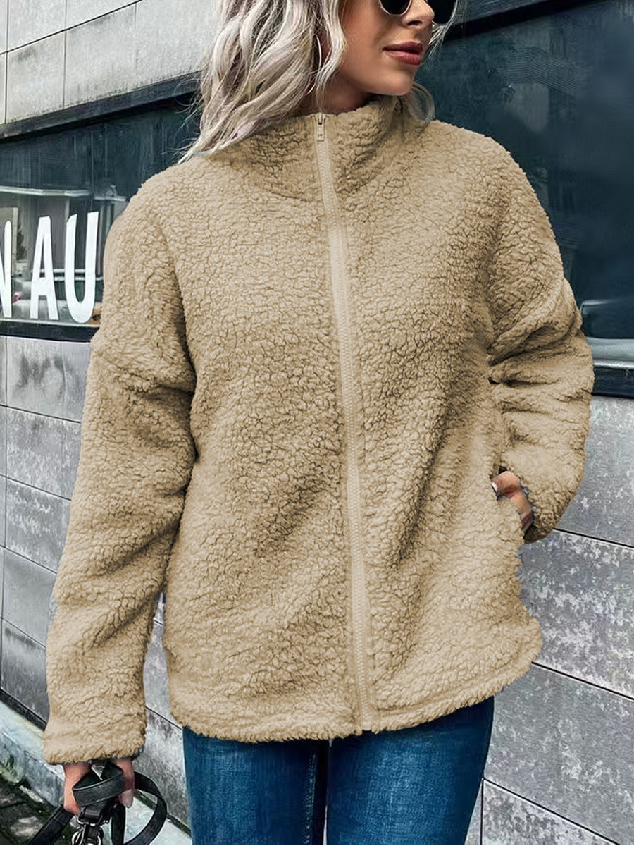 Manteau En Polaire Pour Femmes Coupe Oversized Mélange Laine Et Polaire Col Montant Manches Longues Fermeture Éclair